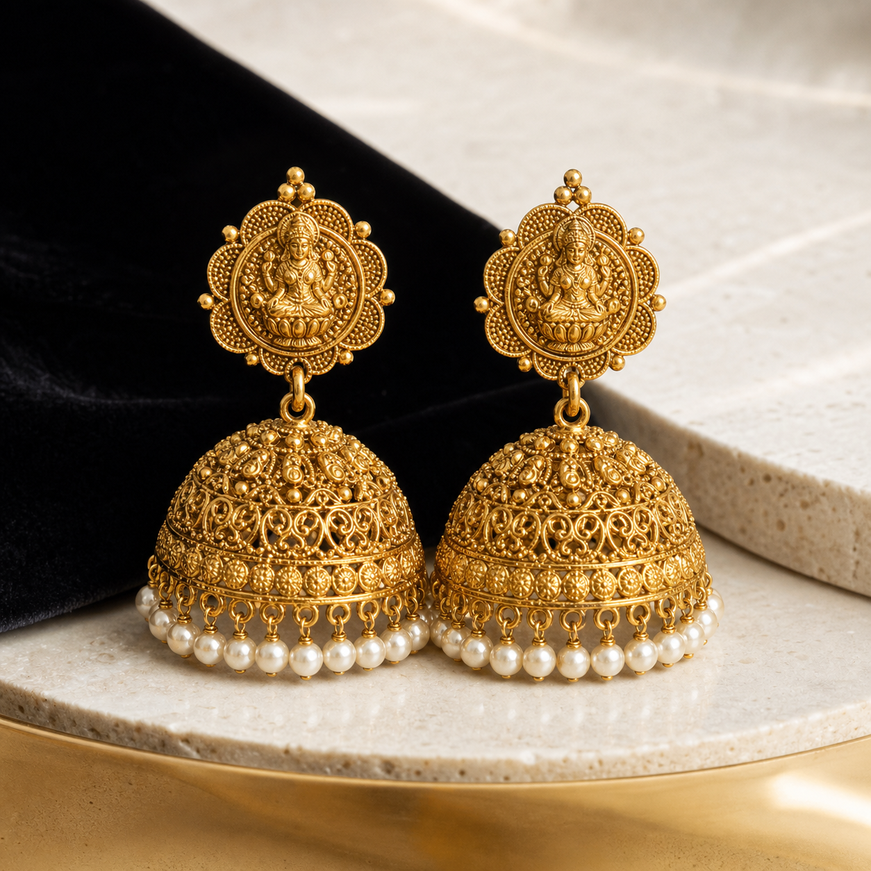 Gold jhumka earrings with pearl drops